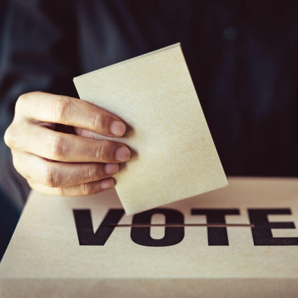 hand drops ballot into voter box